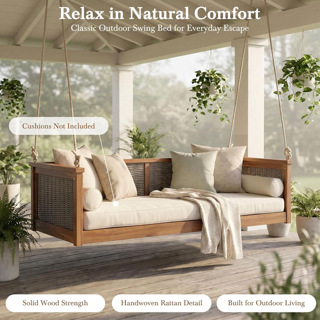 Twin Size Outdoor Porch Swing Bed, Solid Wood Rattan Swing Daybed Frame with Long Ropes , Poolside, Backyard, Teak