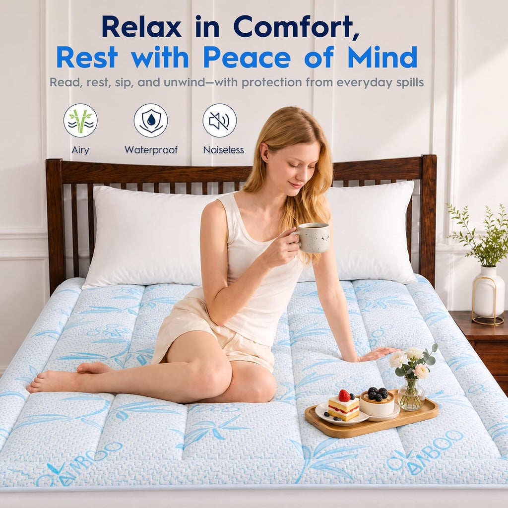 Waterproof Mattress Pad Full Size, Cooling Mattress Protector for Hot Sleepers Made with Bamboo Viscose, Cloud-Soft