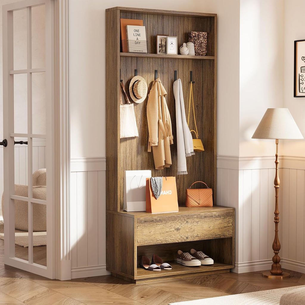 Hall Tree with Bench and Shoe Storage, Entryway Coat Rack with Shoe Bench and Drawer, 5 Hooks, Freestanding Hall Tree