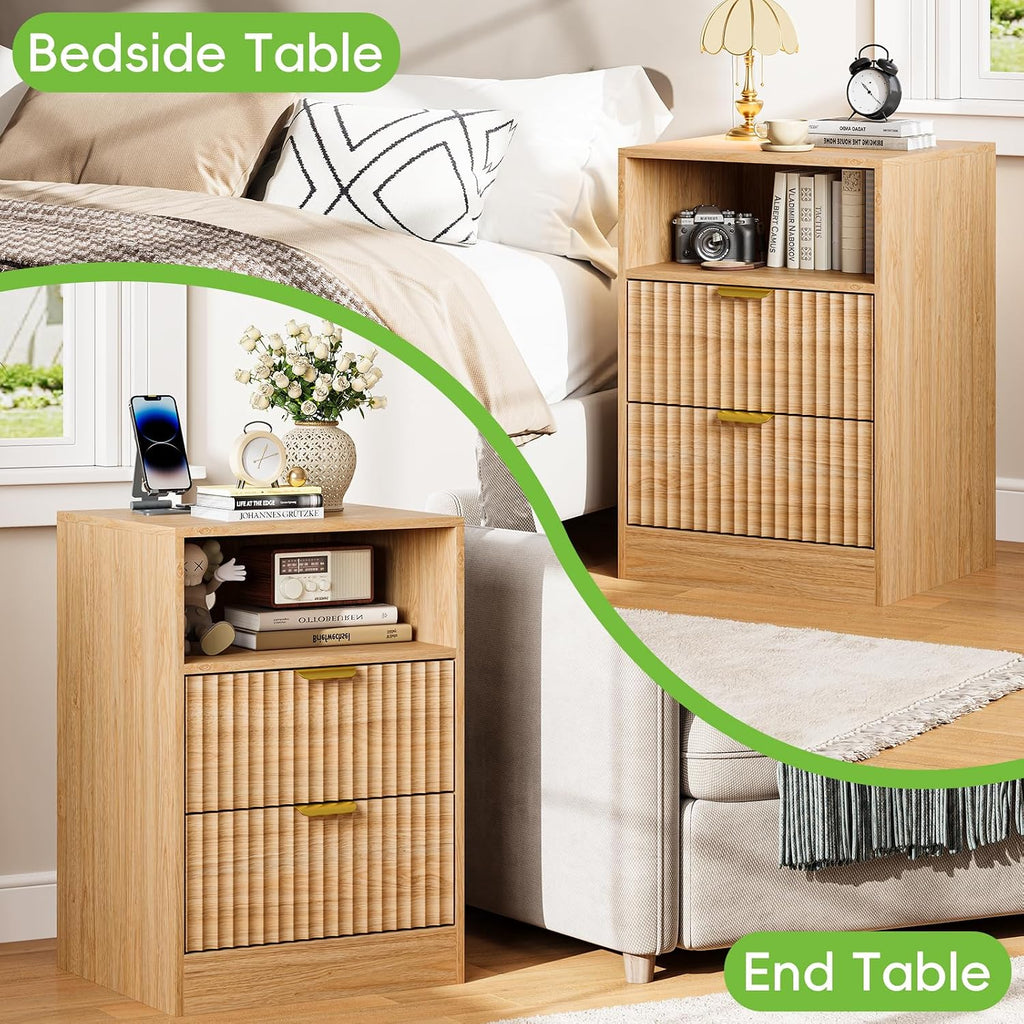Night Stand Set 2, LED Nightstand with Charging Station, Fluted Nightstands Set of 2 with 2 Drawers, Wood Side Table