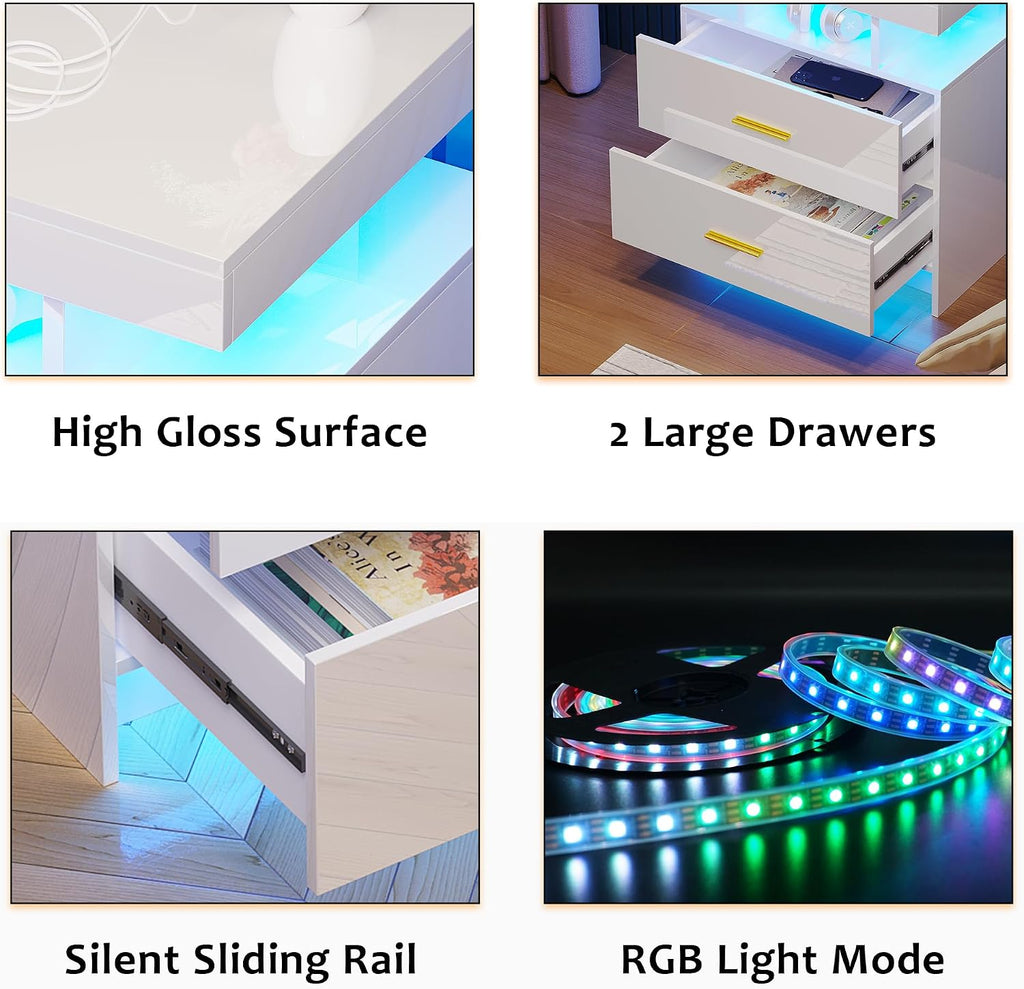 Night Stand Set of 2 with RGB Lights, LED Nightstand with Charging Station, Modern Bedside Table with 2 Drawers