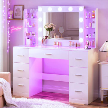 Vanity Desk with Mirror and Hollywood Lights, Makeup Vanity 6 Backlit Open Shelves with Frosted Panel & RGB Light