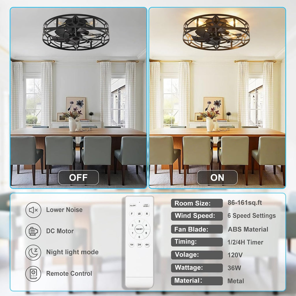 Flush Mount Ceiling Fan: 20" Caged Ceiling Fans with Remote Control - Low Profile Fandelier Lights Fixture Reversible