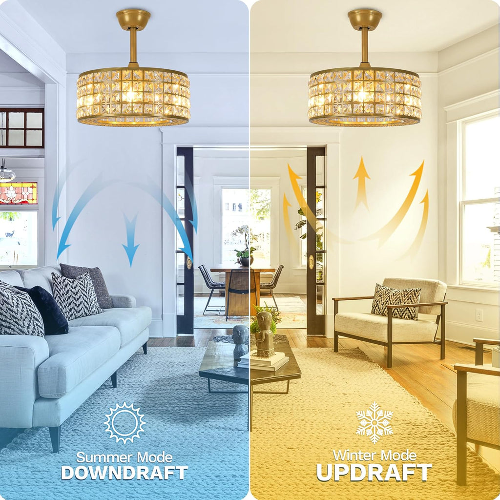 18" Crystal Caged Ceiling Fan with Light, Modern Industrial Chandelier with Remote, 3 Speed & 3 Color Temperatures