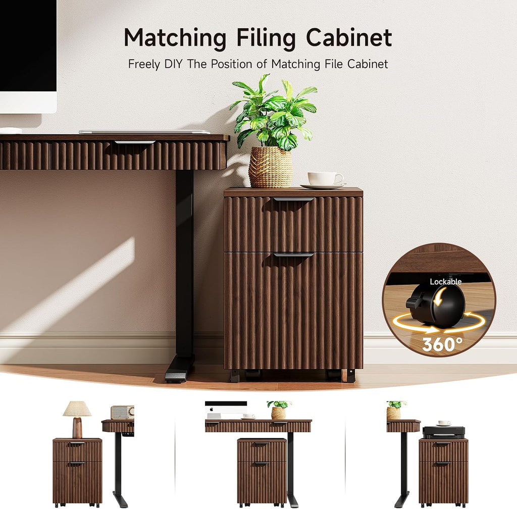 55" Electric Standing Desk with File Cabine, Sit to Stand, Walnut | Standing Desk with Drawers, Roilling Filing