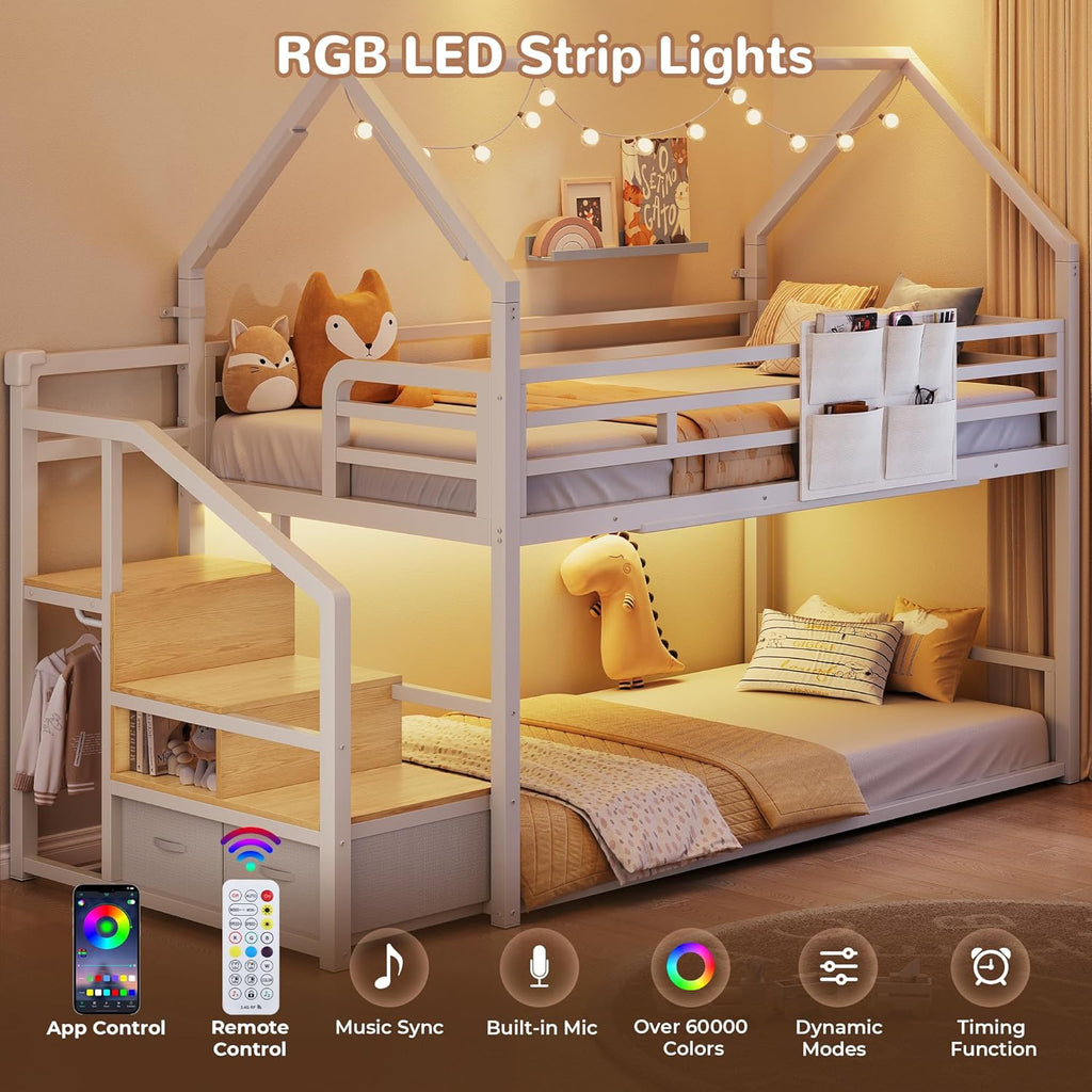 Metal Bunk Bed Twin Over Twin with Storage Staircase, Clothes Rack, LED Twin Bunk Beds for Kids with 2 Storage Drawers