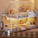 Metal Bunk Bed Twin Over Twin with Storage Staircase, Clothes Rack, LED Twin Bunk Beds for Kids with 2 Storage Drawers