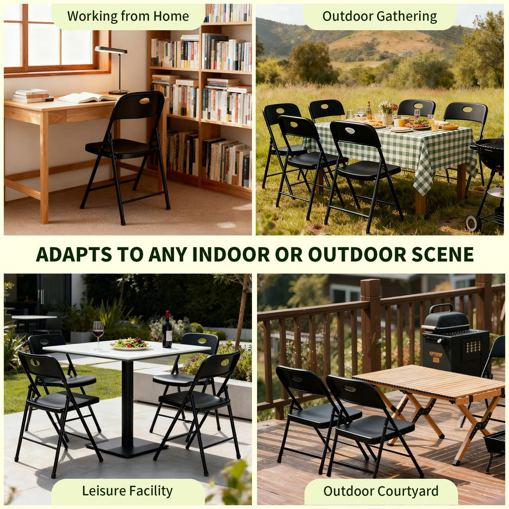 Black Folding Chairs 6 Pack, Outdoor Portable Plastic Foldable Chairs with Metal Frame, 350lbs Capacity Heavy Duty