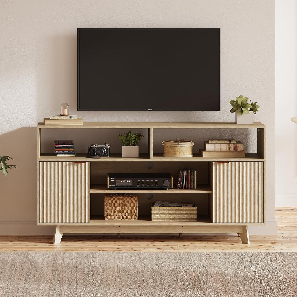Mid Century Modern TV Stand, 59 Inches Entertainment Center with Storage, Tall TV Media Console with 2 Fluted Doors
