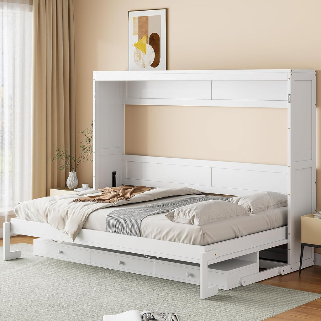 Queen Murphy Bed with Vanity Desk, Foldable Murphy Cabinet Bed with Center Mirror and 2 Side Storage Drawers, Wood