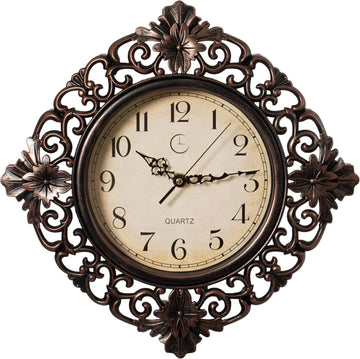 11" Classic Round Decorative Hanging Wall Clock with Ornate Floral Scroll Frame in Vintage Distressed
