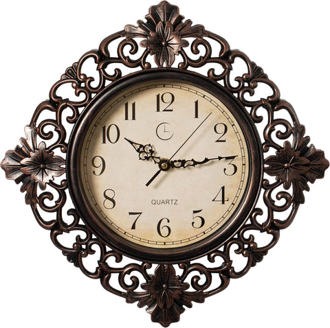11" Classic Round Decorative Hanging Wall Clock with Ornate Floral Scroll Frame in Vintage Distressed