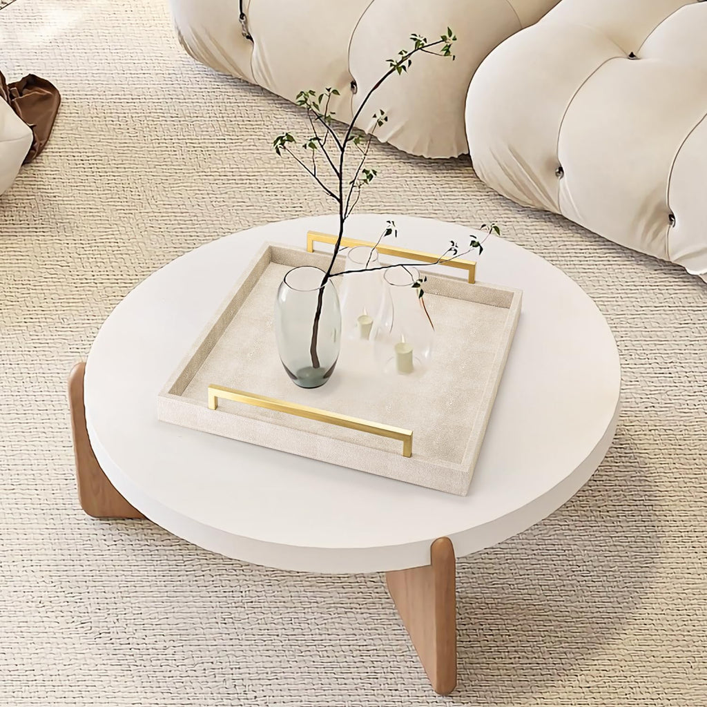 Large Ottoman Tray for Coffee Table,Square Shagreen Leather Decorative Tray with Gold Handles Decor