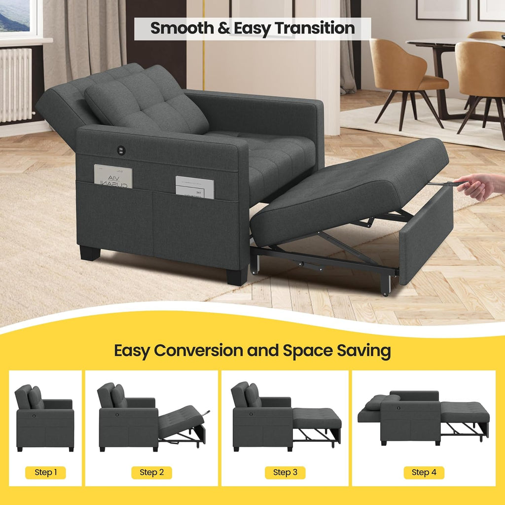 Sleeper Chair, Converts to Bed with USB Ports & Pocket, Dark Gray | Futon, Lounge Chair Fabric Sofa Bed 3-in-1