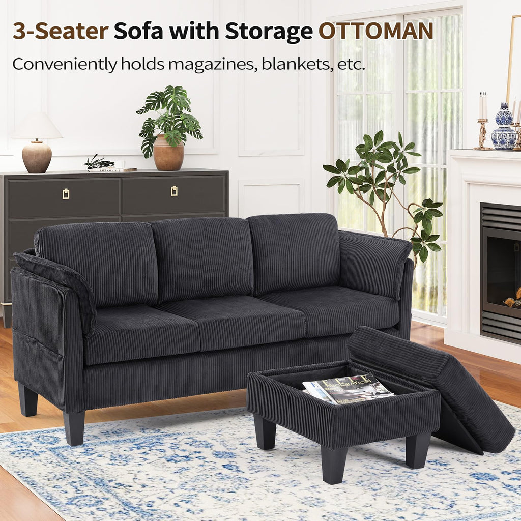 Modern Convertible L Shaped Sofa with Reversible Chaise, 3-Seater Corduroy Couch with Storage Movable Ottoman