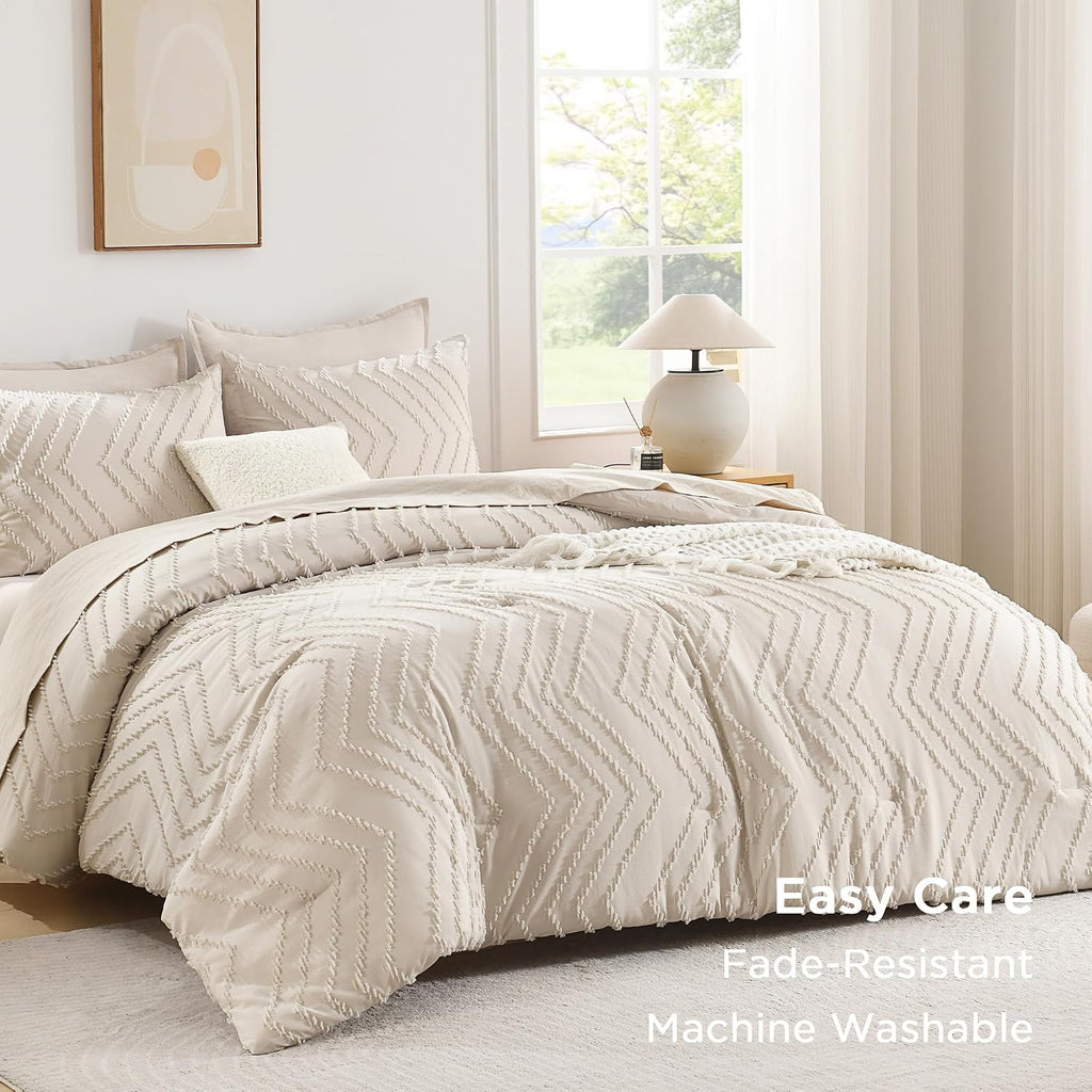 Comforter Full Set, 3 Pieces Beige Boho Soft Cream Bedding Set - Set of 3