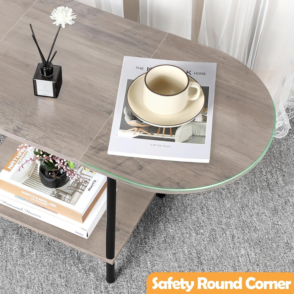 Coffee Tables,2-Tier Small Oval Center Table Industrial Modern Style Coffee Tables with Storage Shelf and Wood