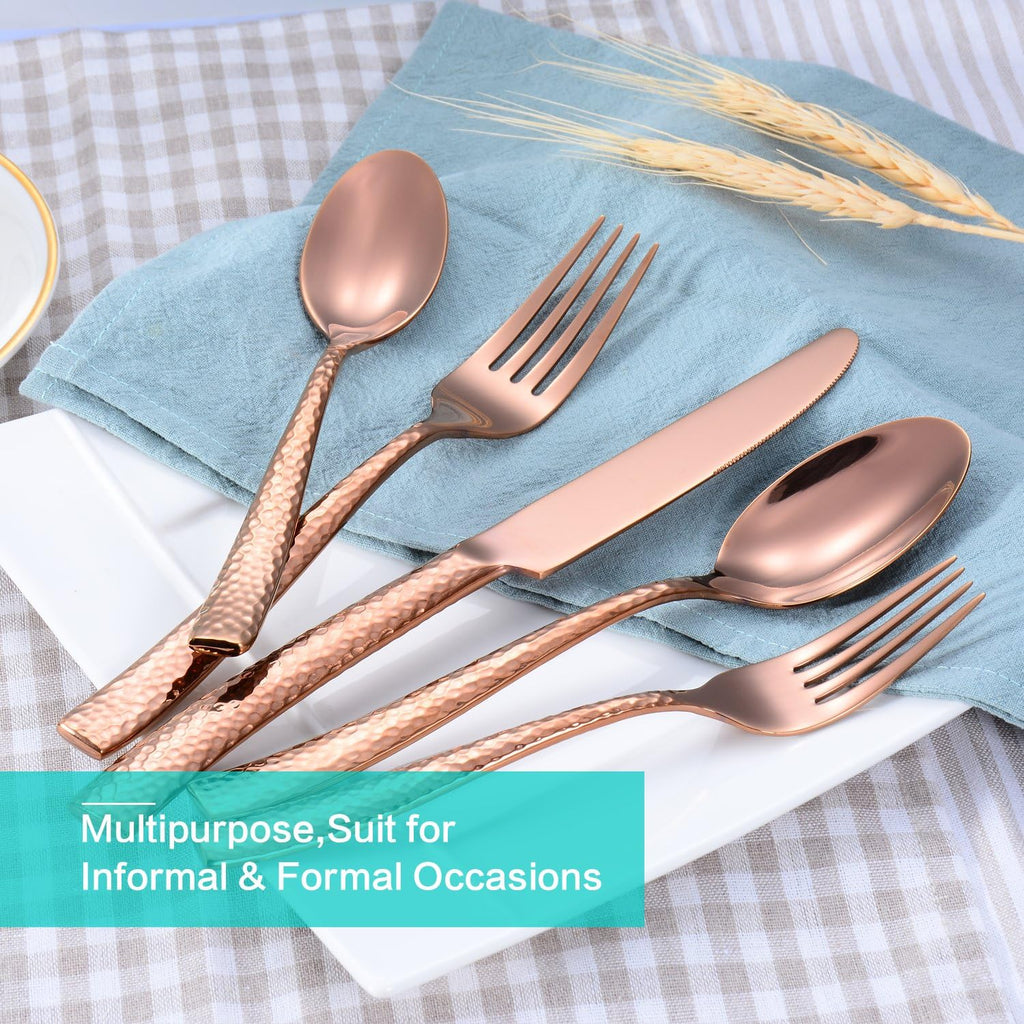 Silverware Rose Gold Hammered Heavy Flatware Set Cutlery Set Stainless Steel Mirror Finished Utensil 20 Pieces Spoons