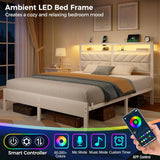 Bed Frame Full with Charging Station, LED Bed with Upholstered Storage Headboard