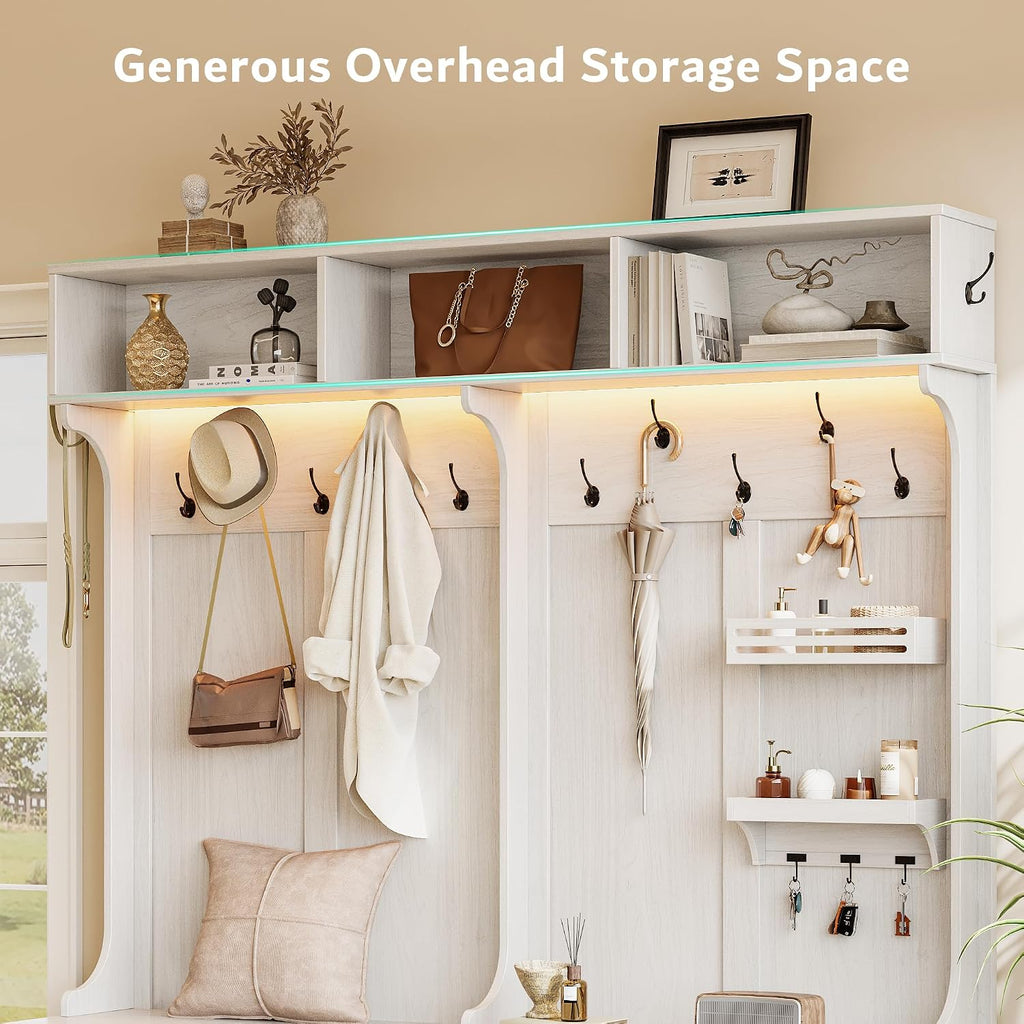 70" Large Hall Tree with Bench and Adjustable Shoe Storage, 6-in-1 Farmhouse Entryway Bench w/Coat Rack, Top Storage