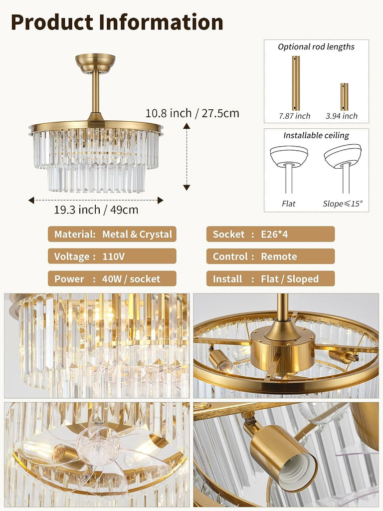 20" Brass Crystal Fandelier Ceiling Fans with Lights