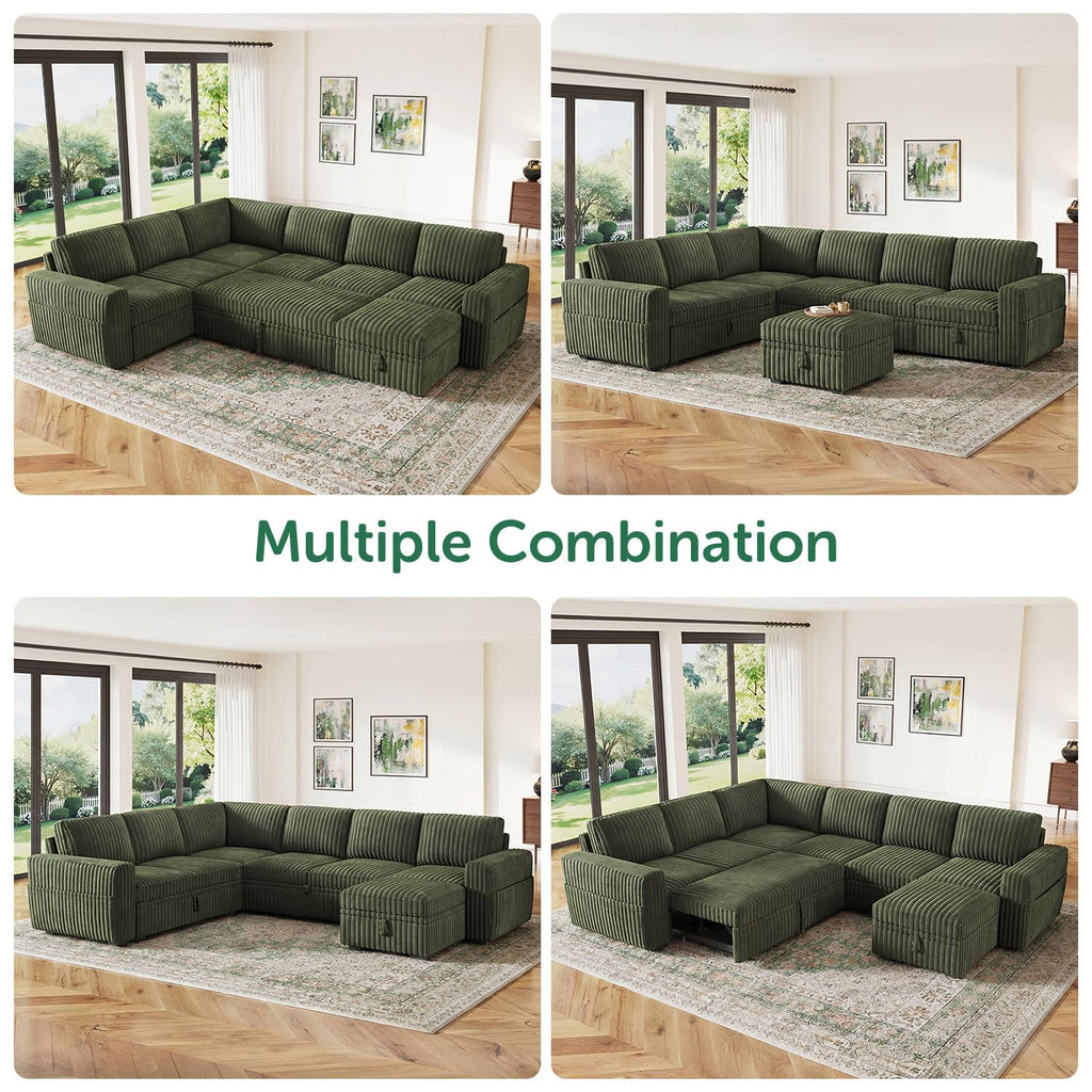 Corduroy U Shaped Sectional Sleeper Sofa with Pull Out Bed, Green