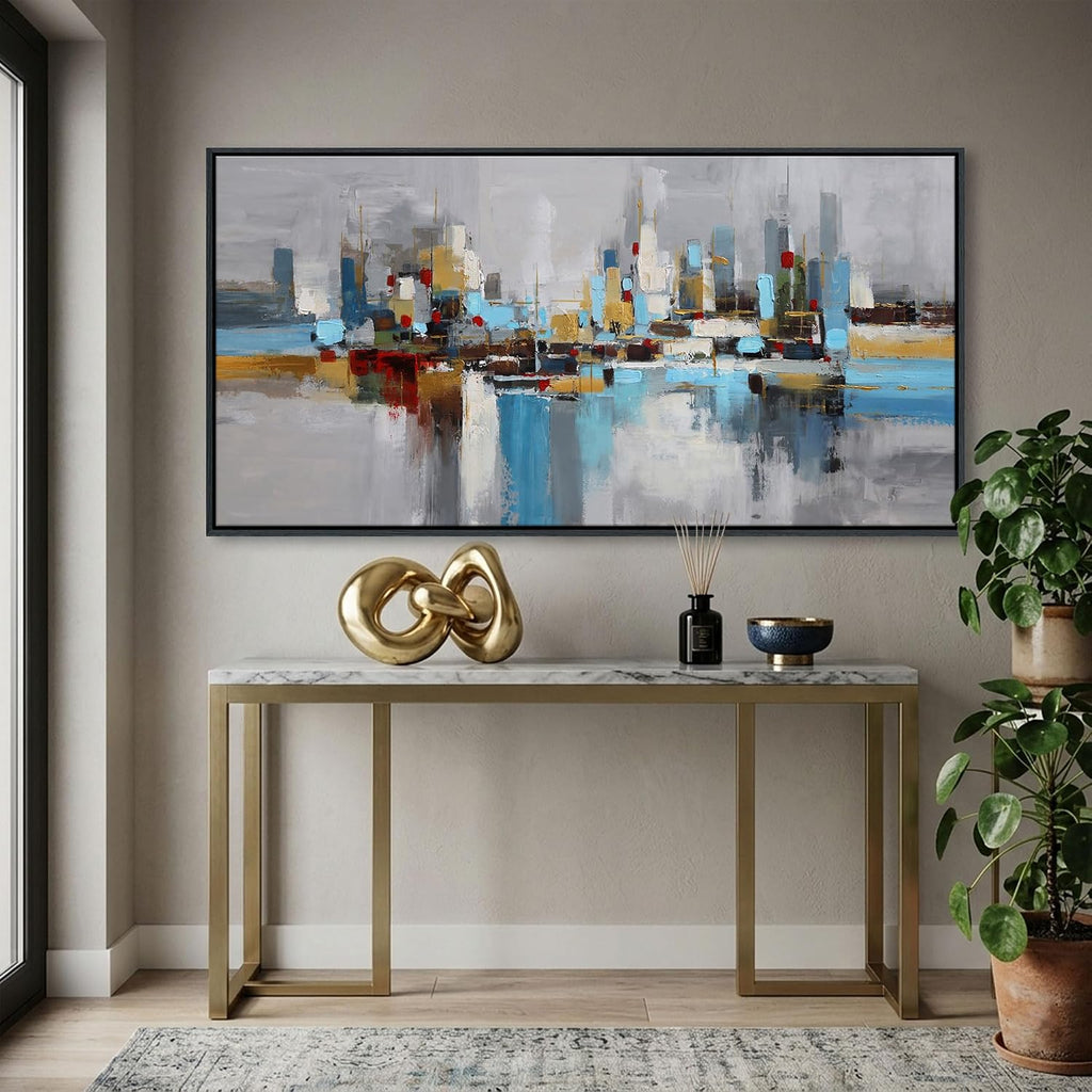Large Blue Gold Abstract Wall Art,City Skyline Canvas Wall Decor Print,Modern Minimalist Cityscape Painting