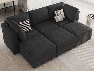 Terry Fabric Modular Sectional Sleeper Sofa Bed with Storage Convertible Sectional Couches 6 Seaters Black Modular