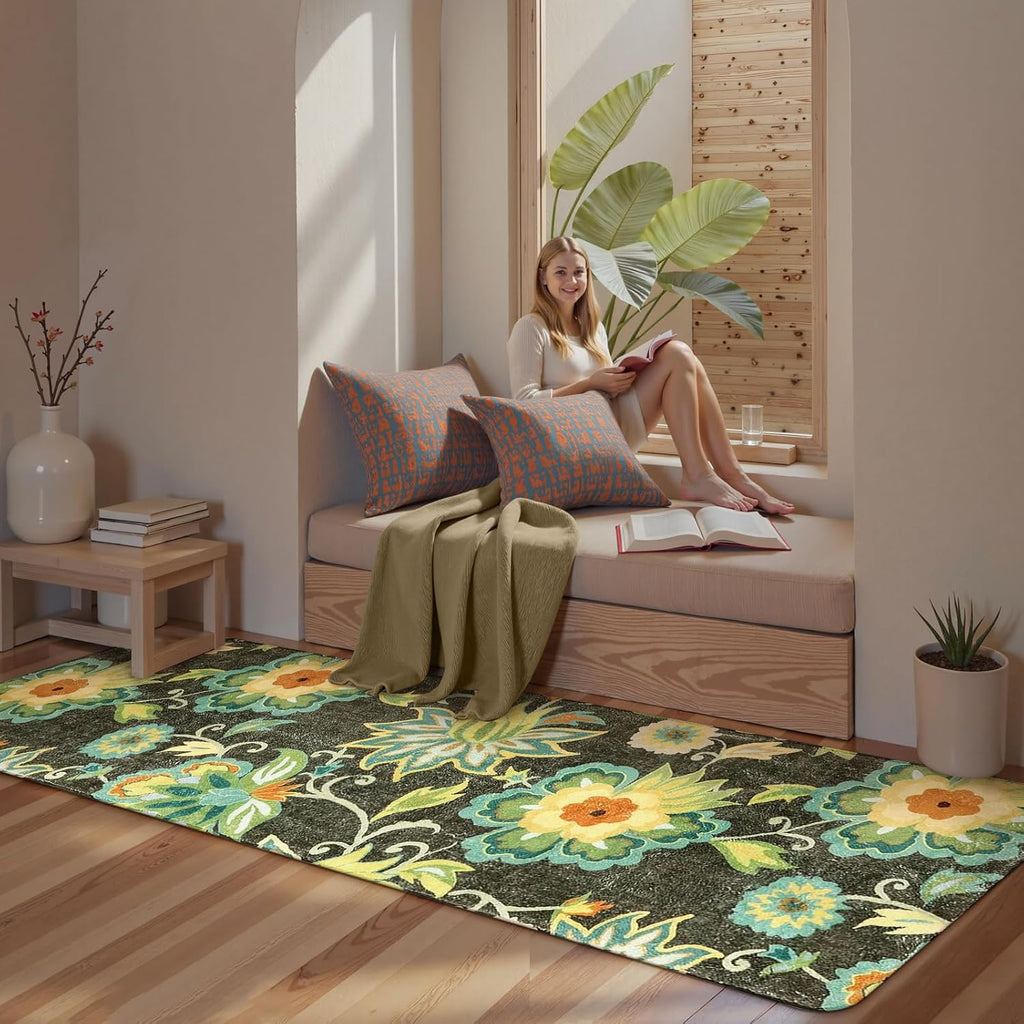 Floral Kitchen Runner Rug- 2x8 Runners for Hallways Non-Slip Washable Rug Runner Throw Low-Pile Entryway Laundry