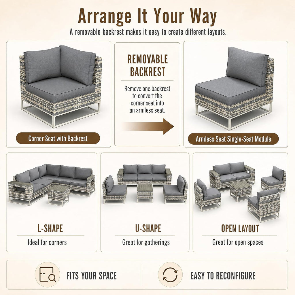 6-Piece Outdoor Patio Furniture Set, Modern PE Wicker Outdoor Sectional Sofa with Storage Armrests & 5.5" Thick