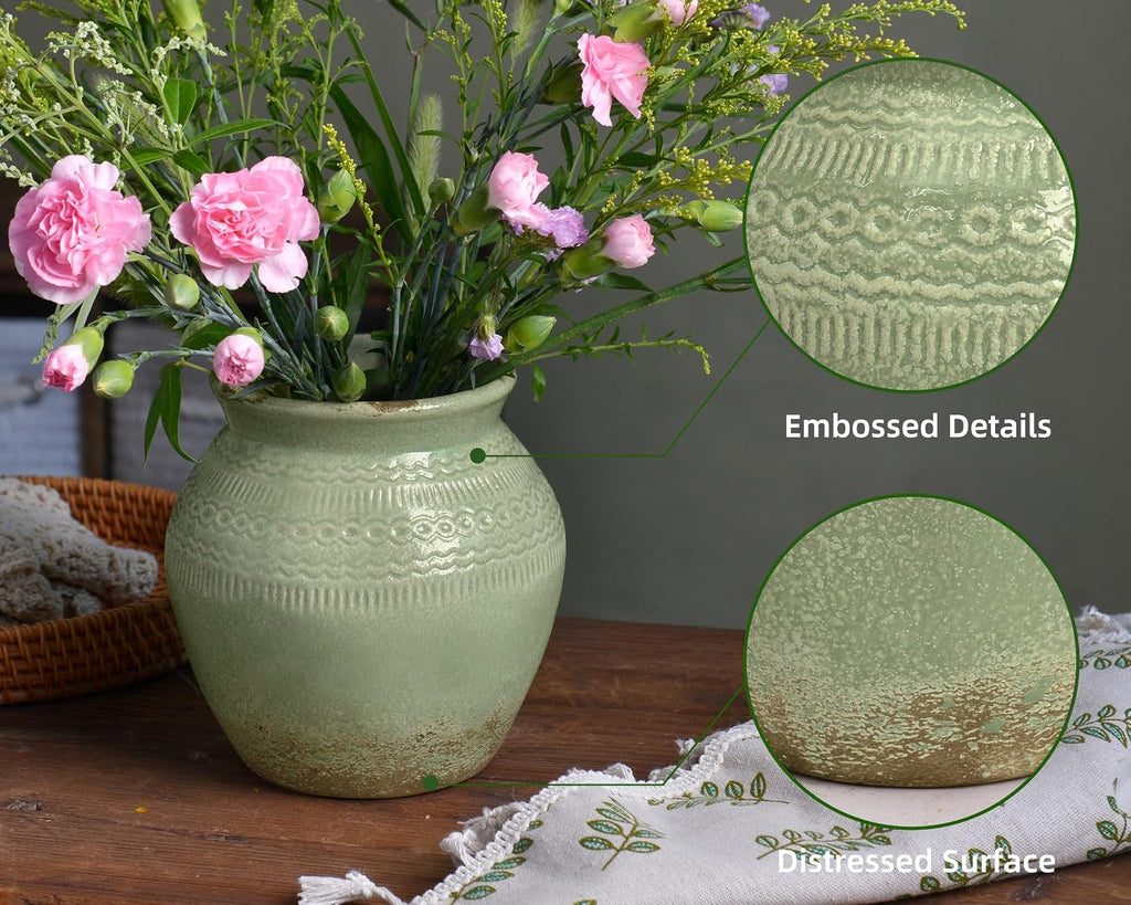 Ceramic Rustic Farmhouse Vase, Green Distressed Flower Vase