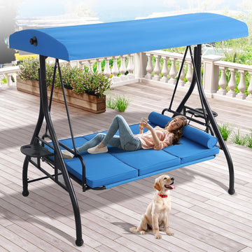 Outdoor Porch Swing with Canopy and Stand, 3 Person Patio Swing for Adults, Convertible 2 in 1 Porch Bed Swing with