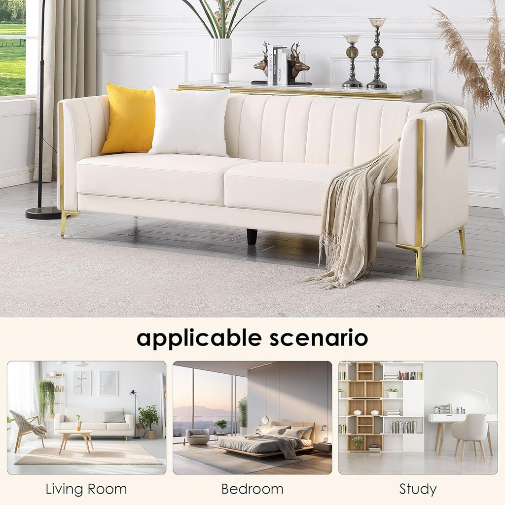 White Leather Couch Sofa, Office Couches 78'' Apartment Faux Leather Sofa with 2 Throw Pillows & Gold Metal