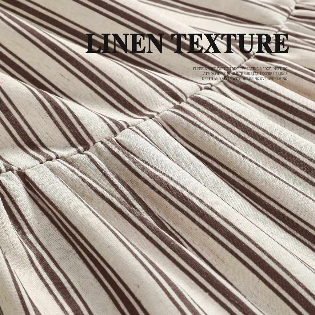 Farmhouse Shower Curtain Ruffle Linen Cream-Brown Stripe 72"W x 72"L | Farmhouse Boho, Striped, Bottom Ruffle, Linen