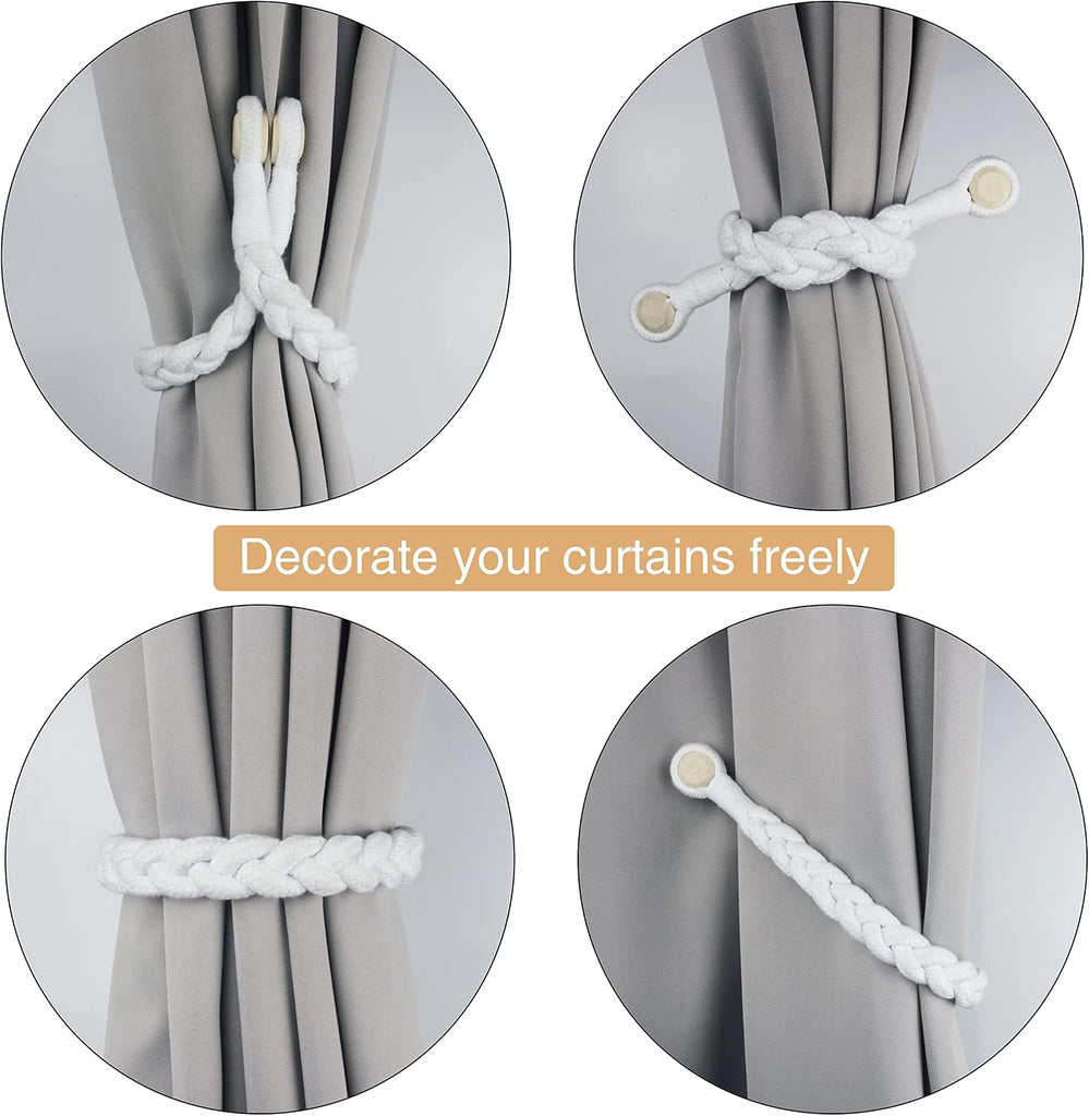 4 Pack White Magnetic Soft Curtain Tiebacks Cotton Hand-Woven Tieback Holdback Home Decorative Tie Backs with Wooden