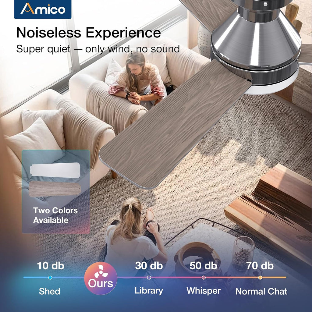 Ceiling Fans with Lights, 42 inch Low Profile Ceiling Fan with Light and Remote Control, Flush Mount, Reversible, 3CCT, Dimmable, Noiseless, Nickel Ceiling Fan for Bedroom, Indoor/Outdoor Use