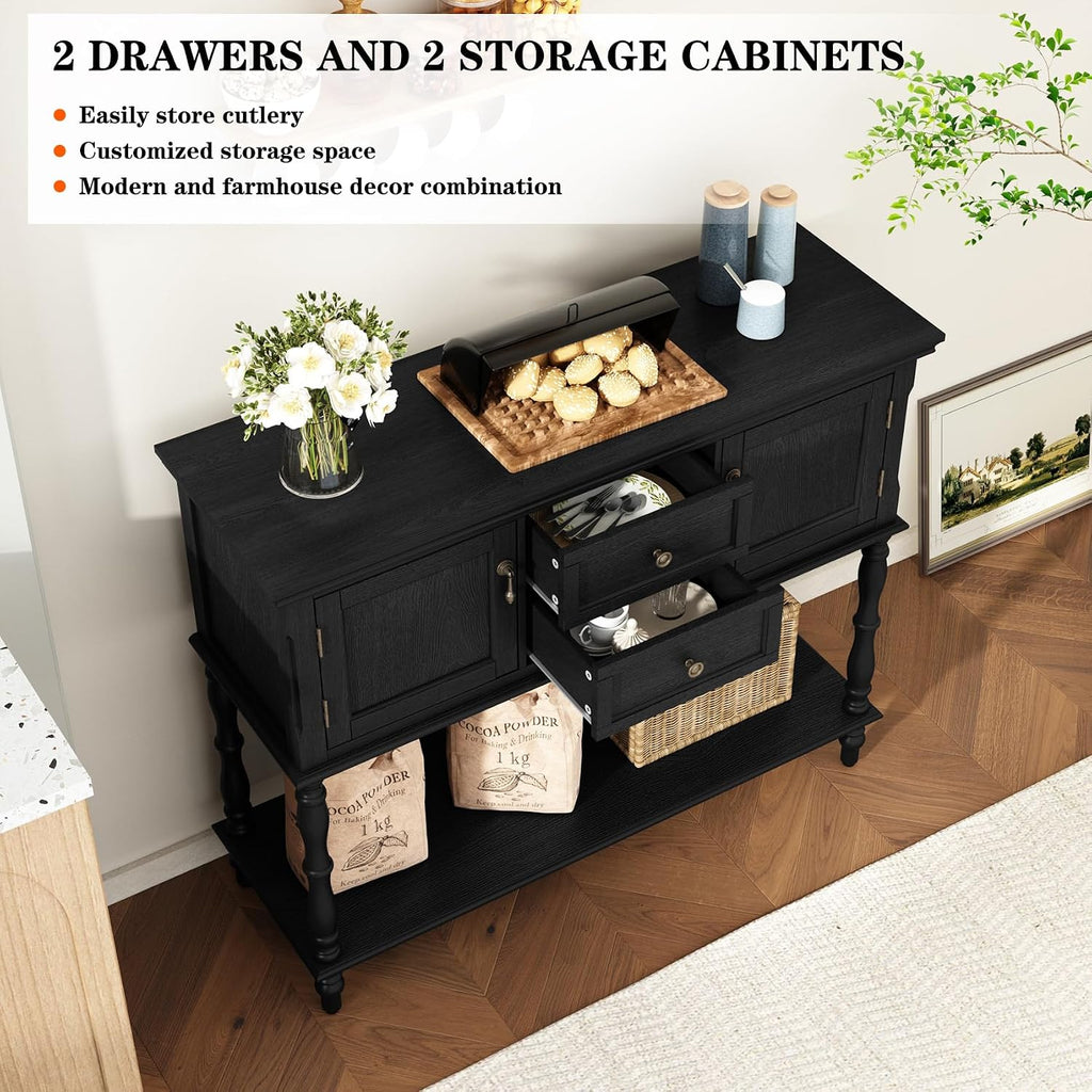 Console Table with 2 Drawers, Retro Entryway Table with 2 Door Cabinets and Open Storage Shelf, Narrow Long Behind