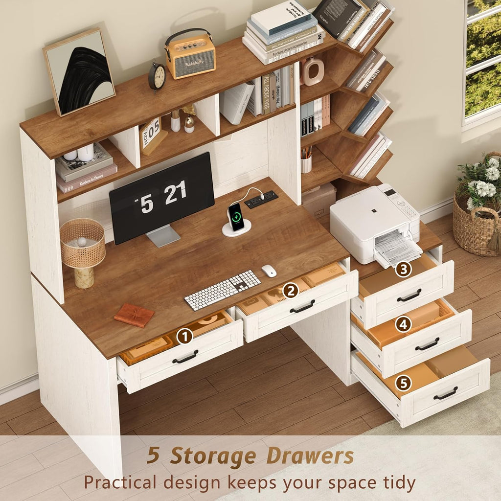 Computer Desk with Hutch & 5 Drawers, Home Office Desk with Storage Shelves and Printer Stand