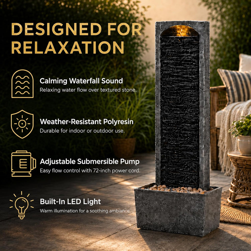 38.5" Faux Slate Contemporary Outdoor LED Waterfall Fountain with Pebble Base, Gray/Black