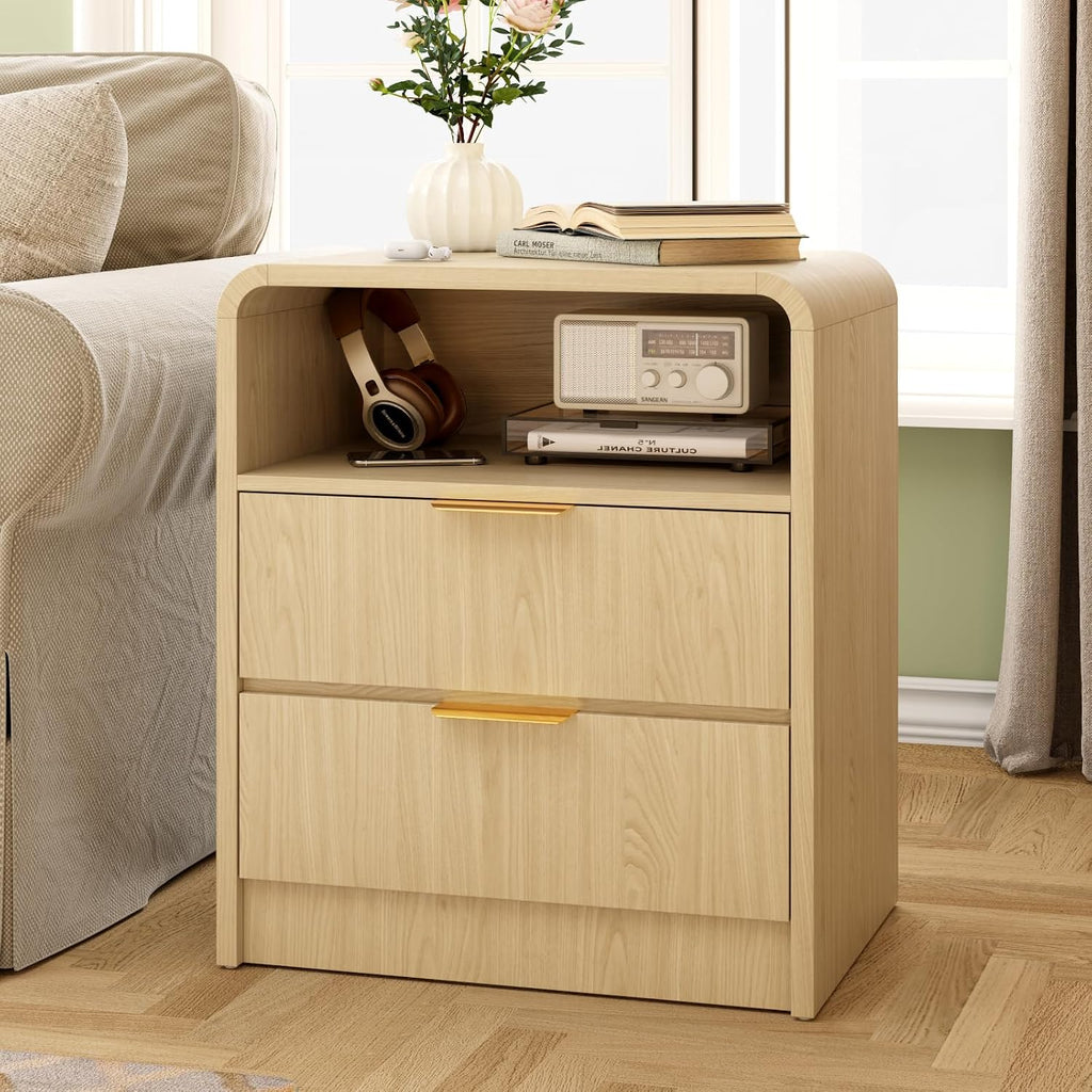 Modern Nightstand,Bedside Table,with 2 Drawers and Open Shelf, Oak Side Table, End Table ,Curved Profile