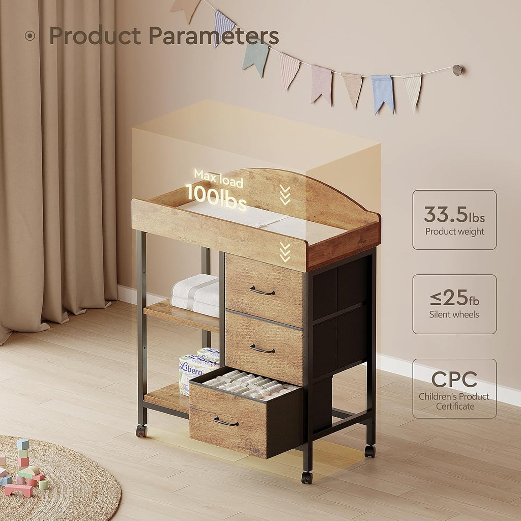 Changing Table, 3 Drawers&2 Shelves, Changing Table Dresser, Brown | Baby Changing Table,Waterproof Diaper pad &