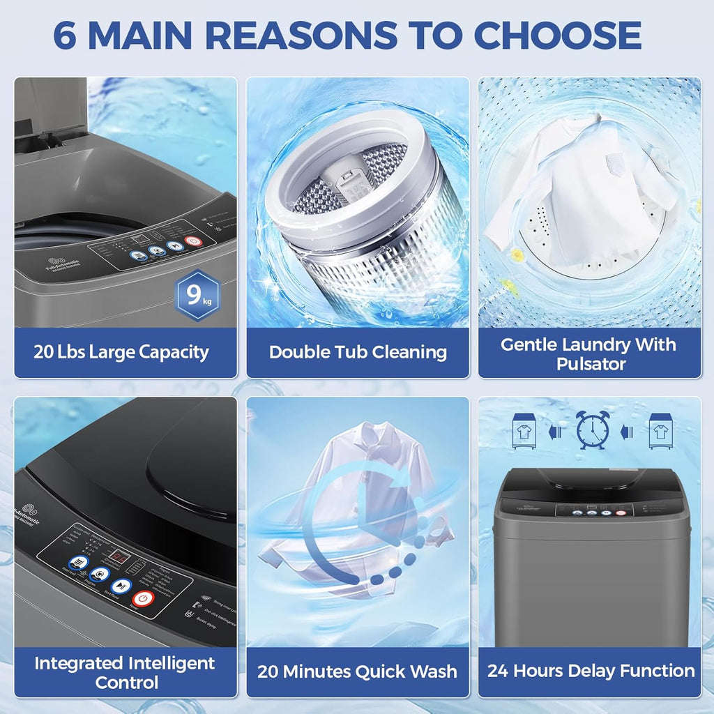 Portable Washing Machine, 20Lbs Capacity Full-Automatic Portable Washer Machine, 2.8Cu.ft Washer and Dryer Combo with Drain Pump, 10 Programs & 8 Water Levels for Apartment, Dorms, RV