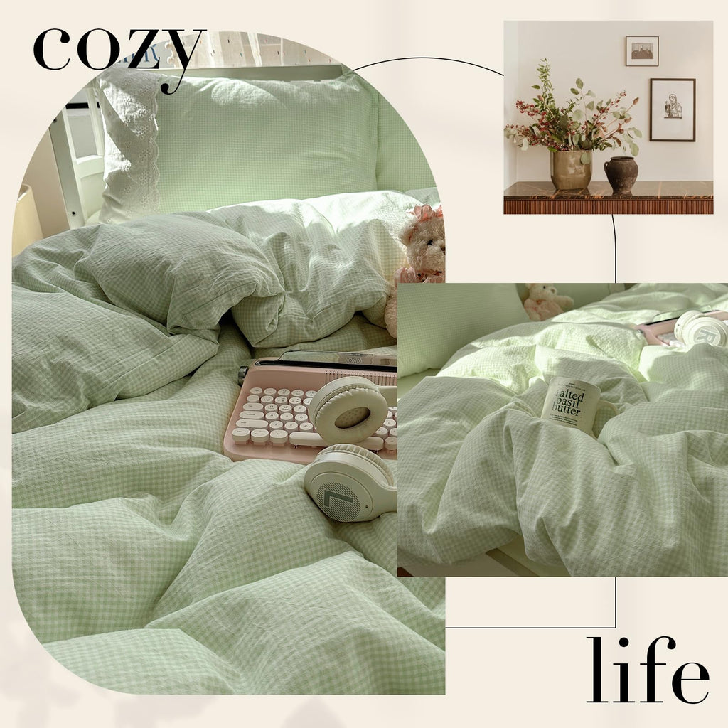 Green Gingham Comforter Set Romantic Lace Style Checkered Pattern Comforter Set Farmhouse Green Grid Plaid