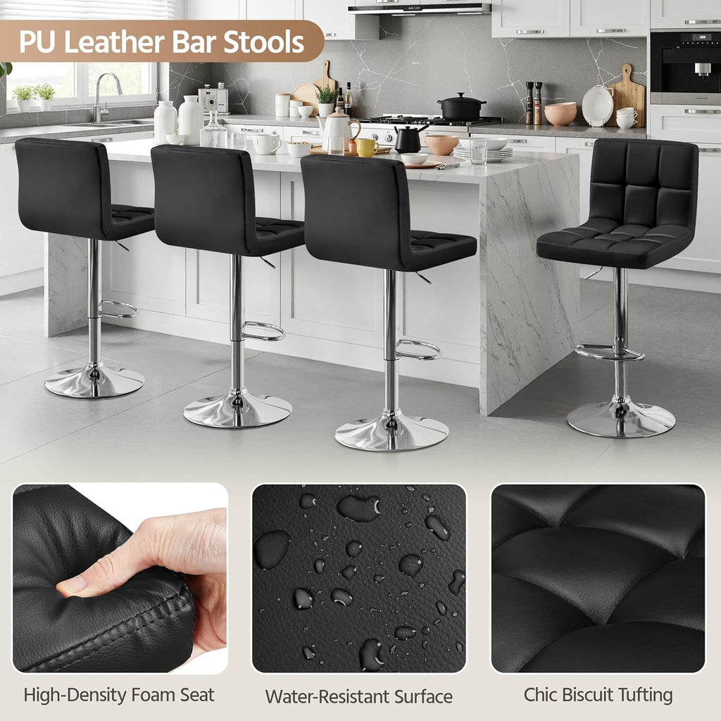 Bar Stools Set of 2, Adjustable PU Leather Swivel Barstools, Modern Counter Stools with Back and Footrest, Counter