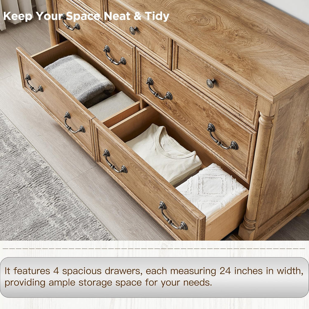 Farmhouse 7-Drawer Dresser with Solid Wood Feet, Light Tree Knot | 4 Solid Wood Feet, Decorative Solid Wood Column