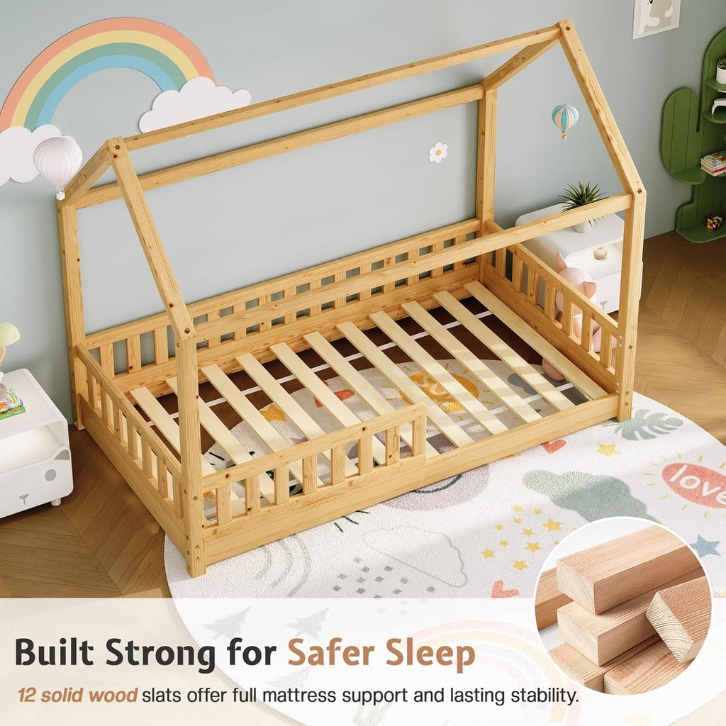 Twin Size House Bed for Kids with Guardrails, Natural Wood | 100% Solid Wood Construction, Removable Rails, Full
