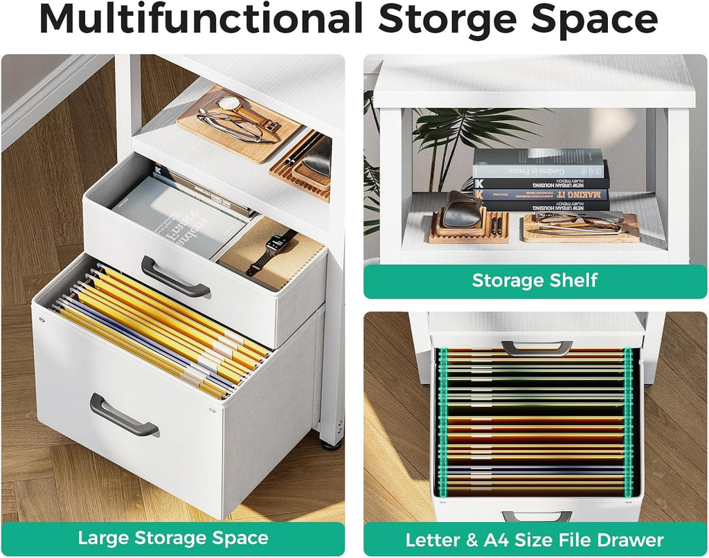 L Shaped Computer Desk with 6 Drawers & Power Outlet, 55 Inch Corner Desk with Reversible Storage Shelf & File Drawer