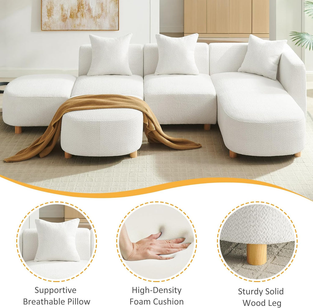 109.84" Modular Sectional Sofa with 3 Pillows, Convertible 5-Seater Comfy Boucle Cloud Couch with Ottoman