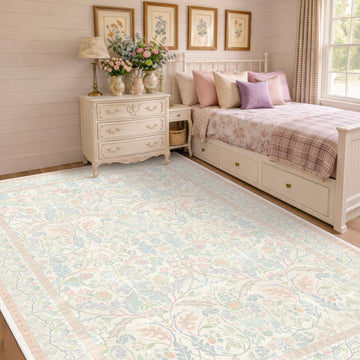 Light Pink 6x9 Girl Bedroom Rug Low Pile & Soft, Botanical Floral Washable Oushak Area Rug for French Country Living