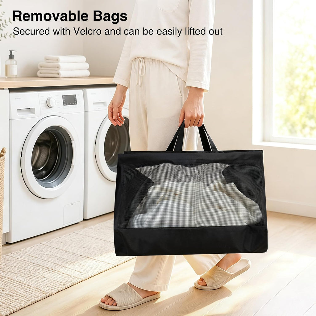3-Tier Vertical Rolling Laundry Hamper, Removable Bags, Black Mesh | 120L Capacity, Space-Saving Vertical Design
